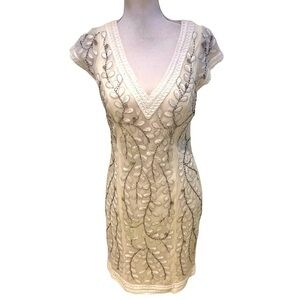 Sue Wong embroidered/beaded leaf motif off white v neck short sleeve dress sz 8